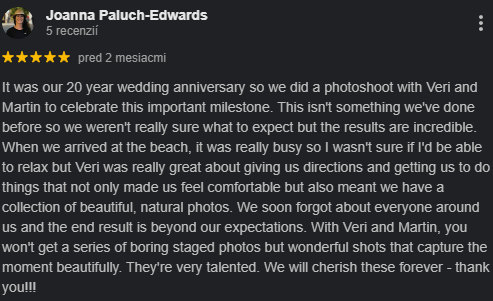 Client testimonial from couple celebrating 20th wedding anniversary photoshoot in Tenerife