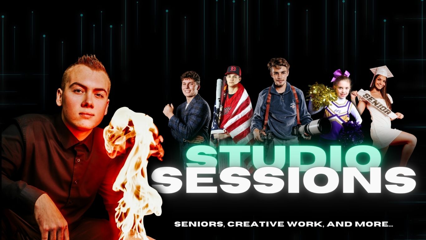 A promotional banner for studio sessions featuring a group of people posing against a dark background with stylized text.