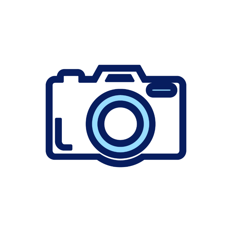 A modern camera icon design with white and blue elements showing camera lens and body in abstract style.