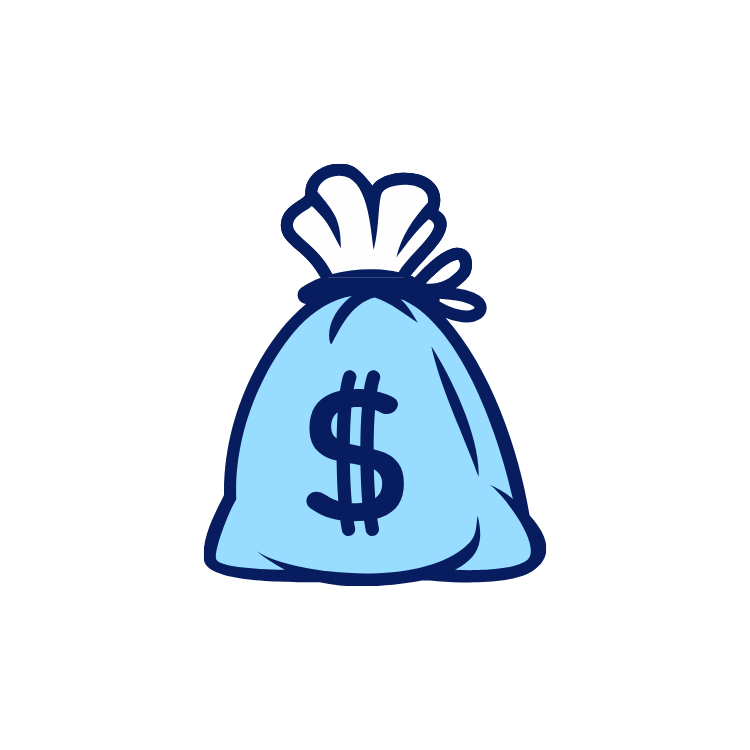 A blue money bag icon with a dollar sign symbol drawn in a cartoon style.