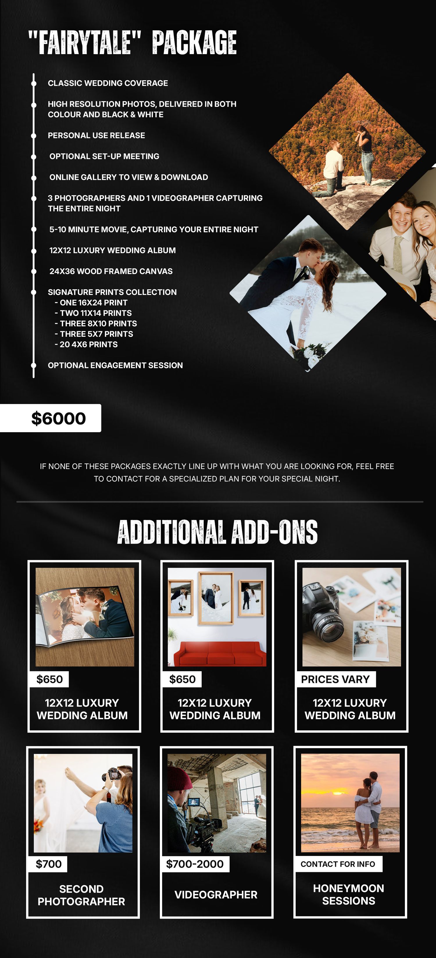 Photography pricing menu showing Fairytale wedding package for $6000 with additional add-on services and albums listed below.