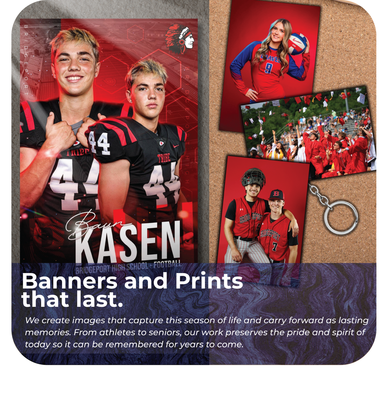 Sports and athletic banners featuring red and white designs displayed in a retail store setting.