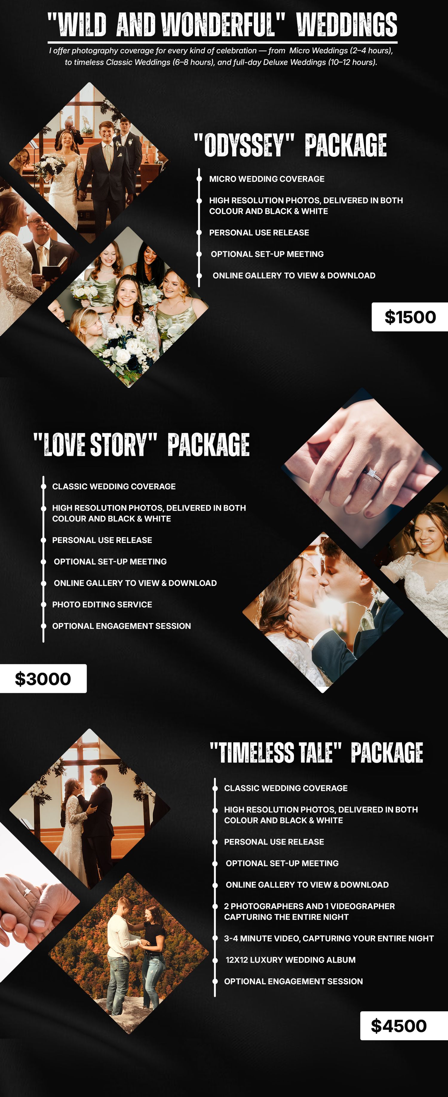 Wedding photography pricing packages displayed on black background showing three tiers: Odyssey, Love Story, and Timeless Tale.