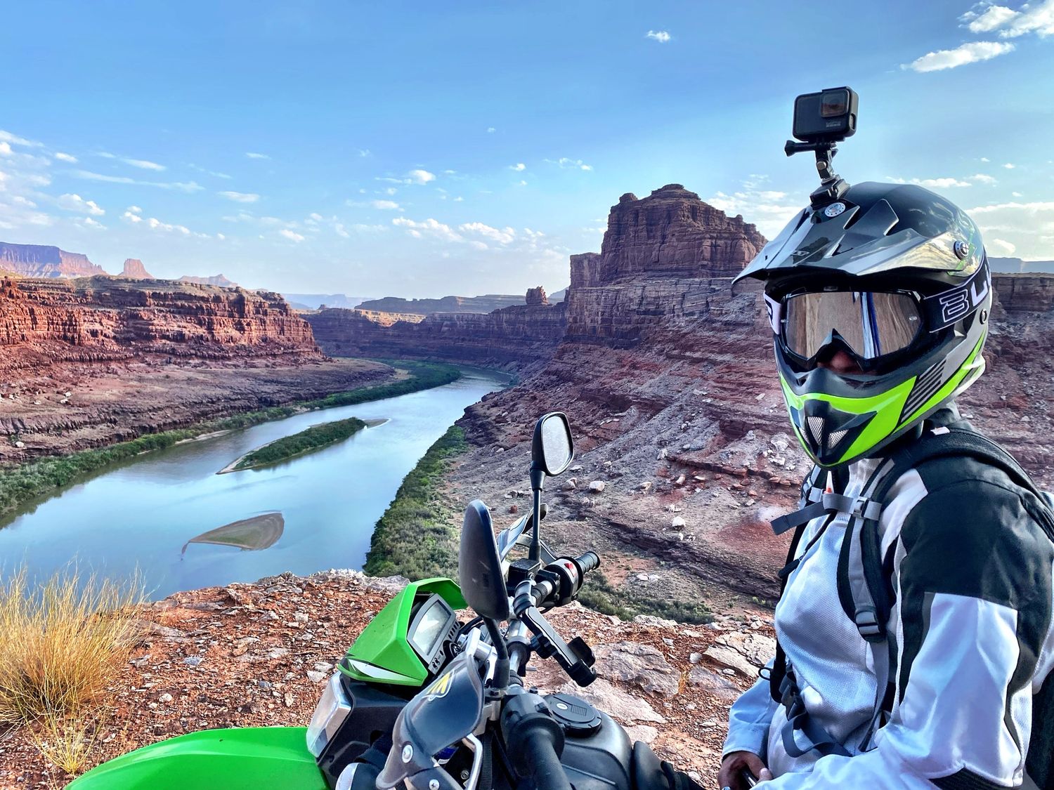 Canyonlands Shafer Trail Utah motorcycle trail Colorado River Kawasaki motorcycle 250s