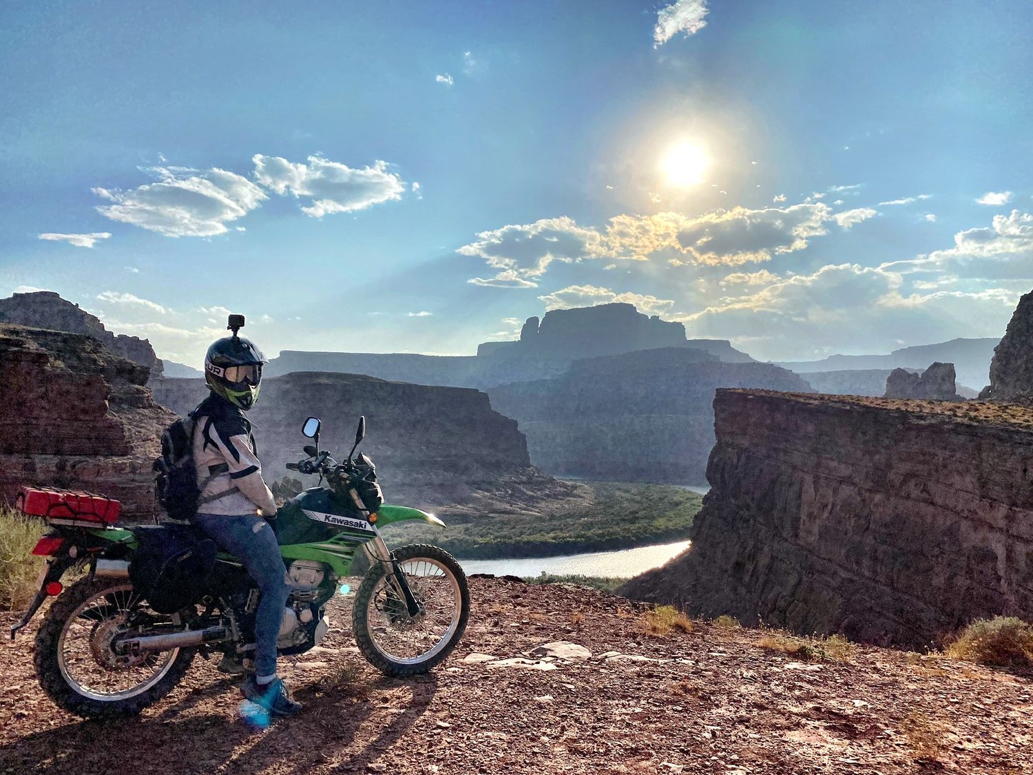 Canyonlands Shafer Trail Utah motorcycle trail Colorado River Kawasaki motorcycle 250s