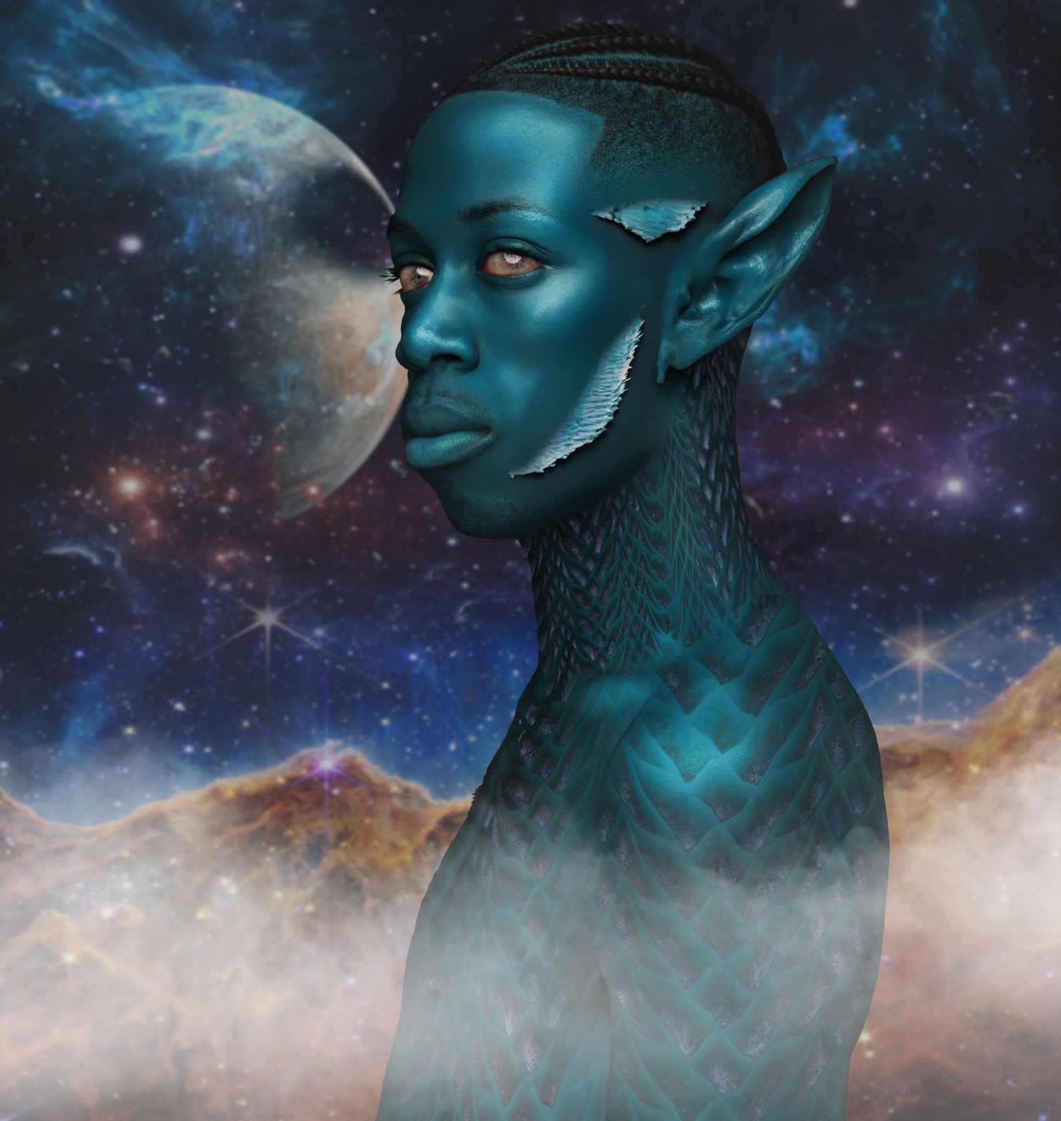Fantasy portrait series with alien-like features against cosmic space background. In Tampa Florida.