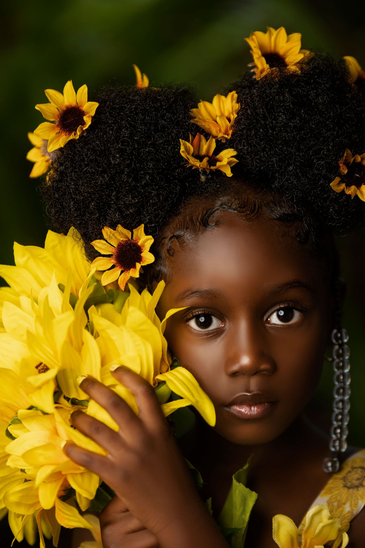 Artistic portrait surrounded by bright yellow sunflowers creating a natural crown effect in Largo Florida.
