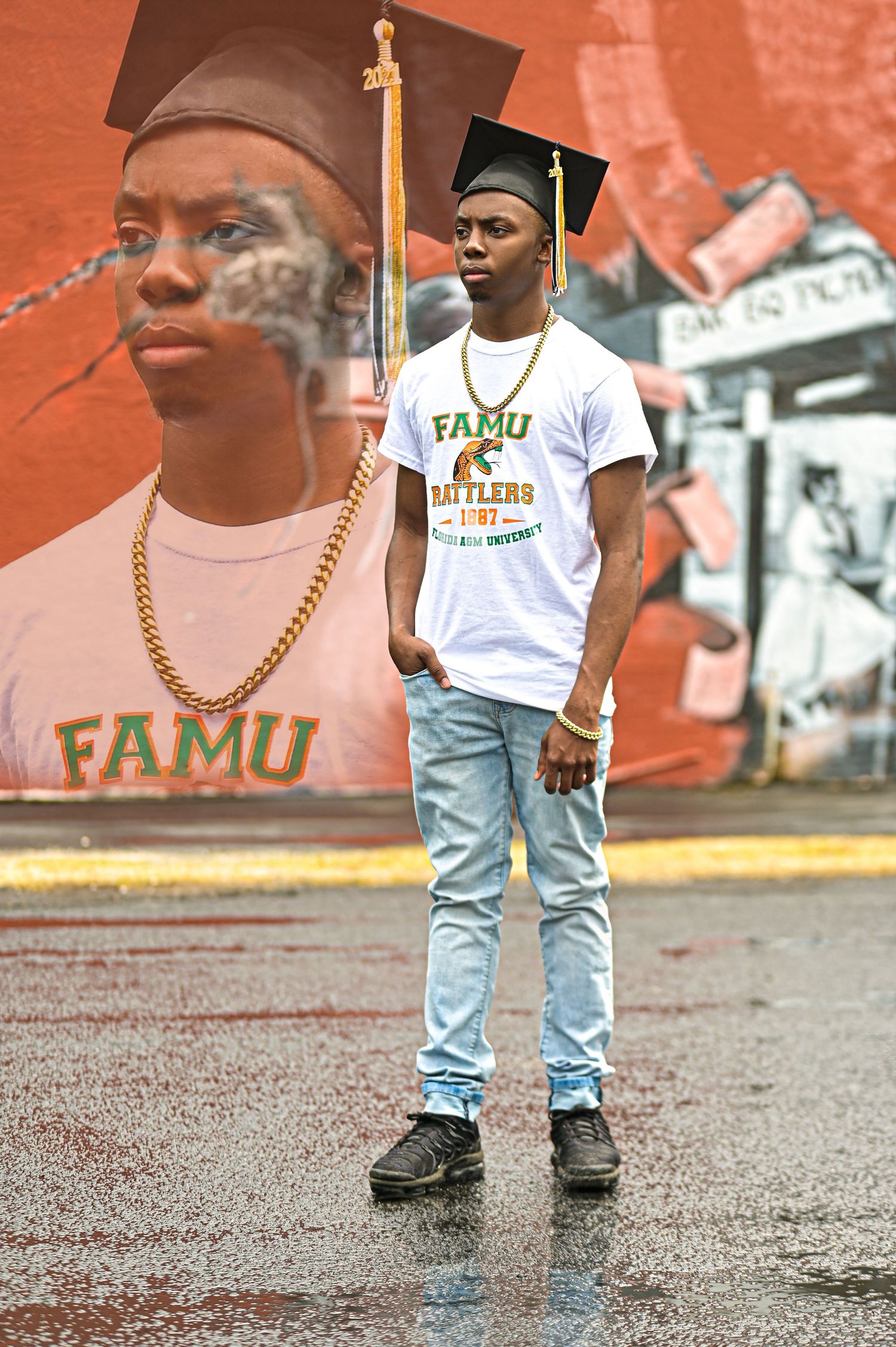 Casual street style photos with jeans and FAMU t-shirt against an orange wall background in Saint Petersburg Florida.