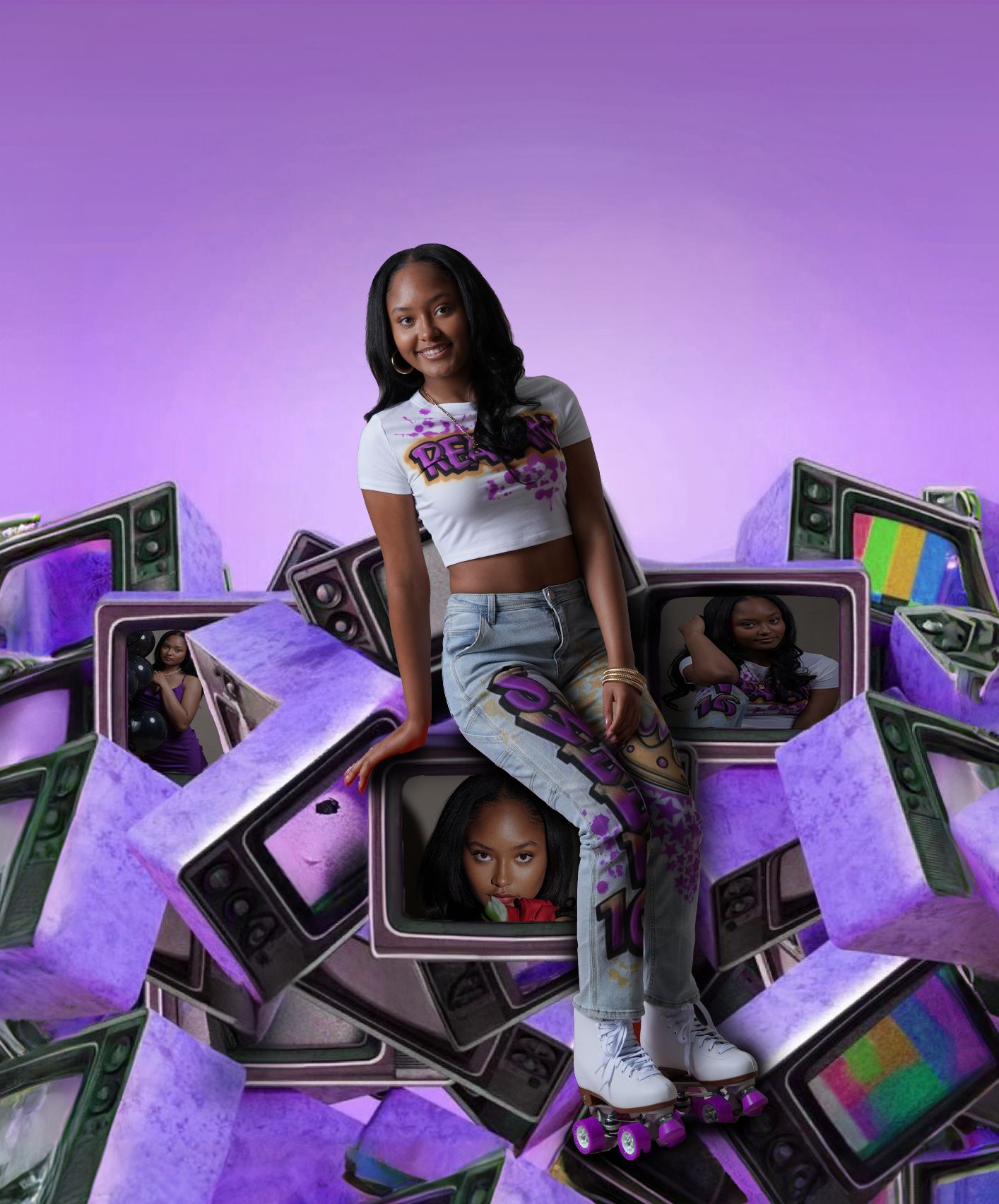 Artistic photo series with retro electronics and purple lighting effects creating a dynamic urban composition. In Tampa Florida.