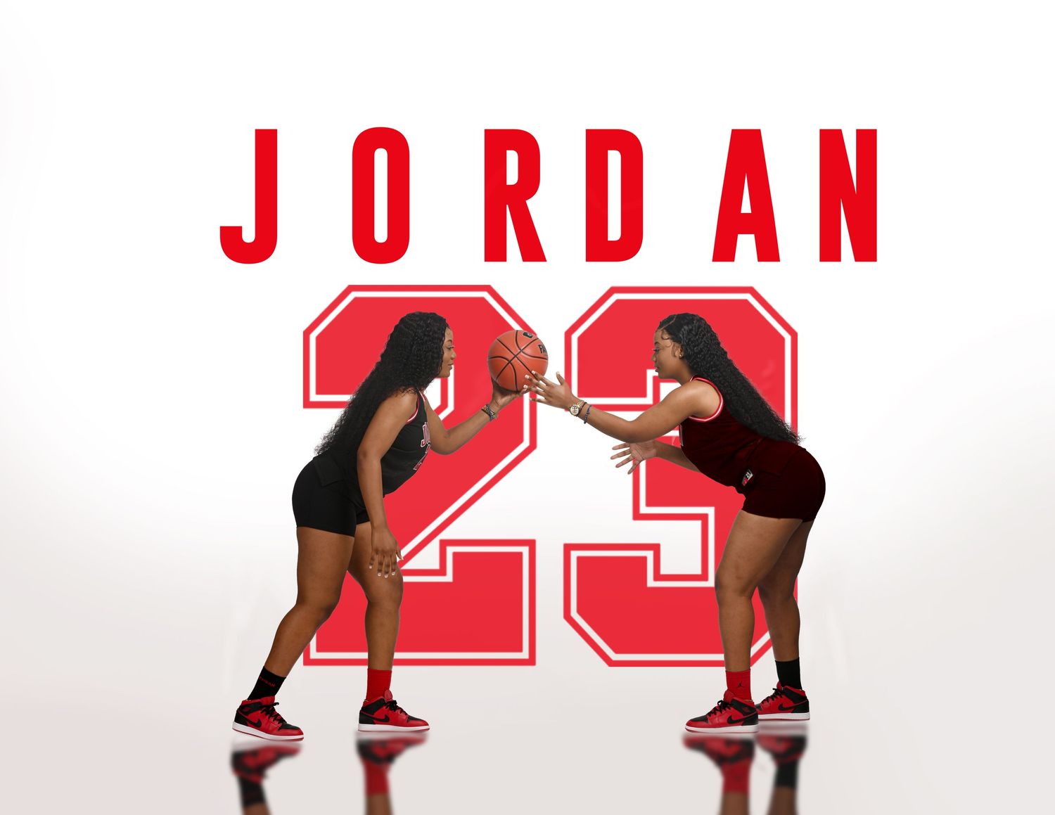 Red Jordan sports branding design with athletic poses against white background. In Tampa Florida.