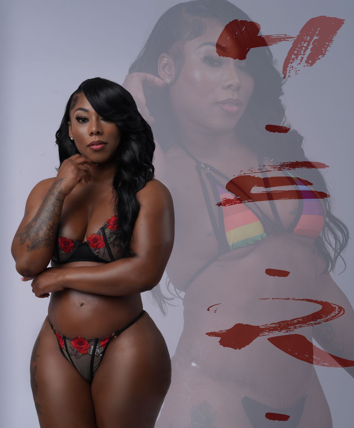 Artistic boudoir photo series with red accents against a grey studio backdrop. In Tampa Florida.