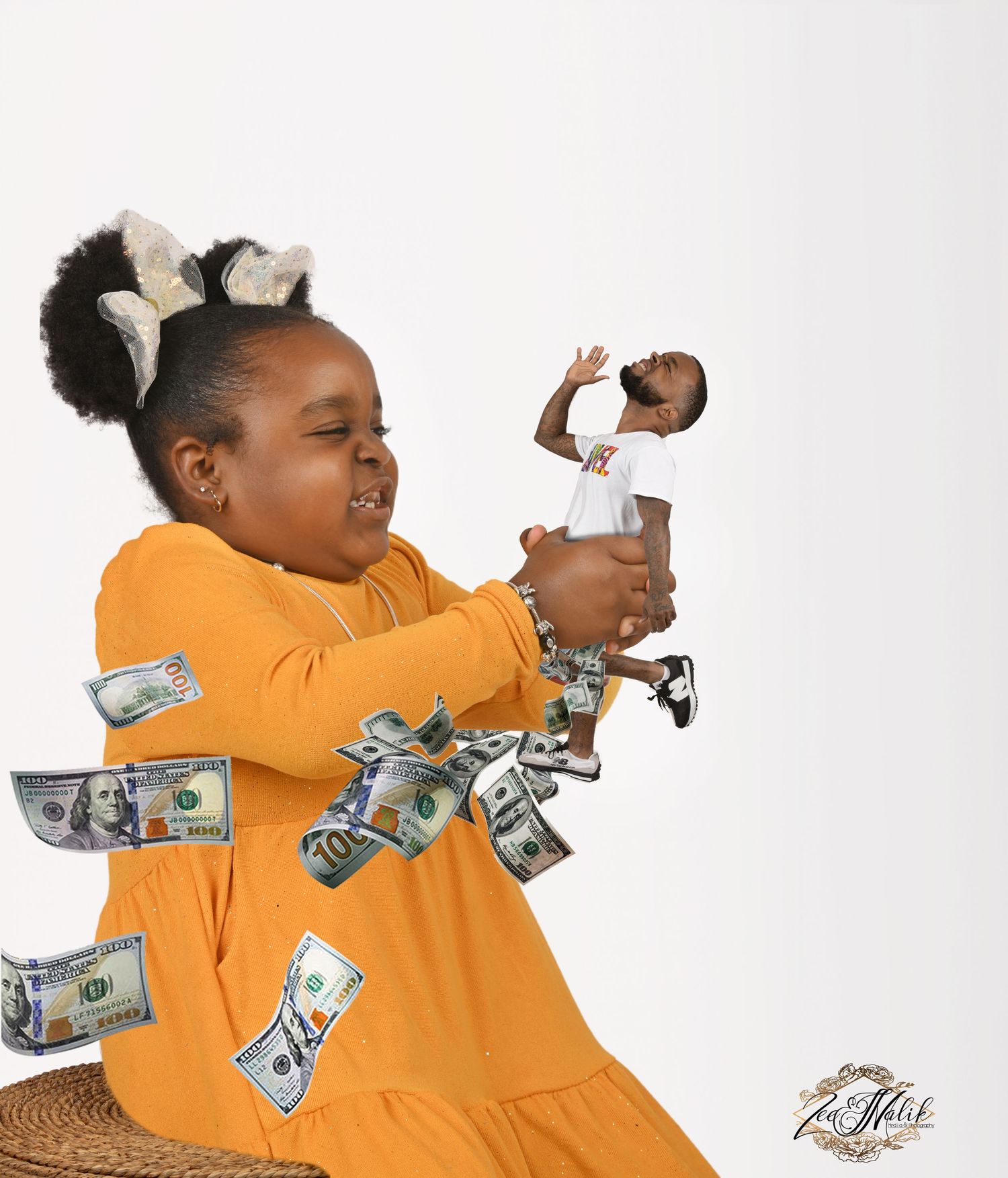 Person in orange dress playfully posing with money on white background. In Tampa Florida.