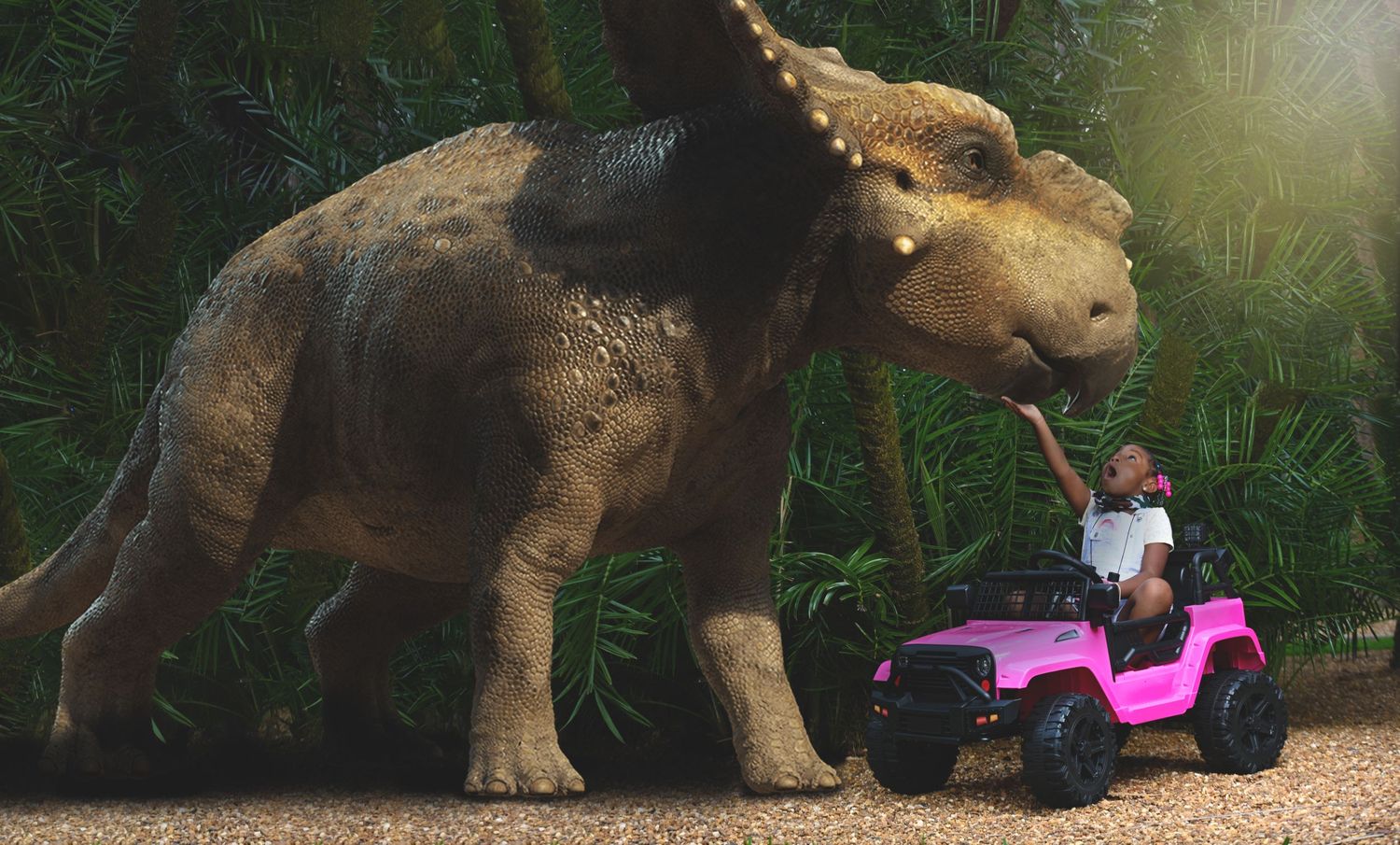 Toy car racing through prehistoric landscape with dinosaurs in pursuit. In Tampa Florida.