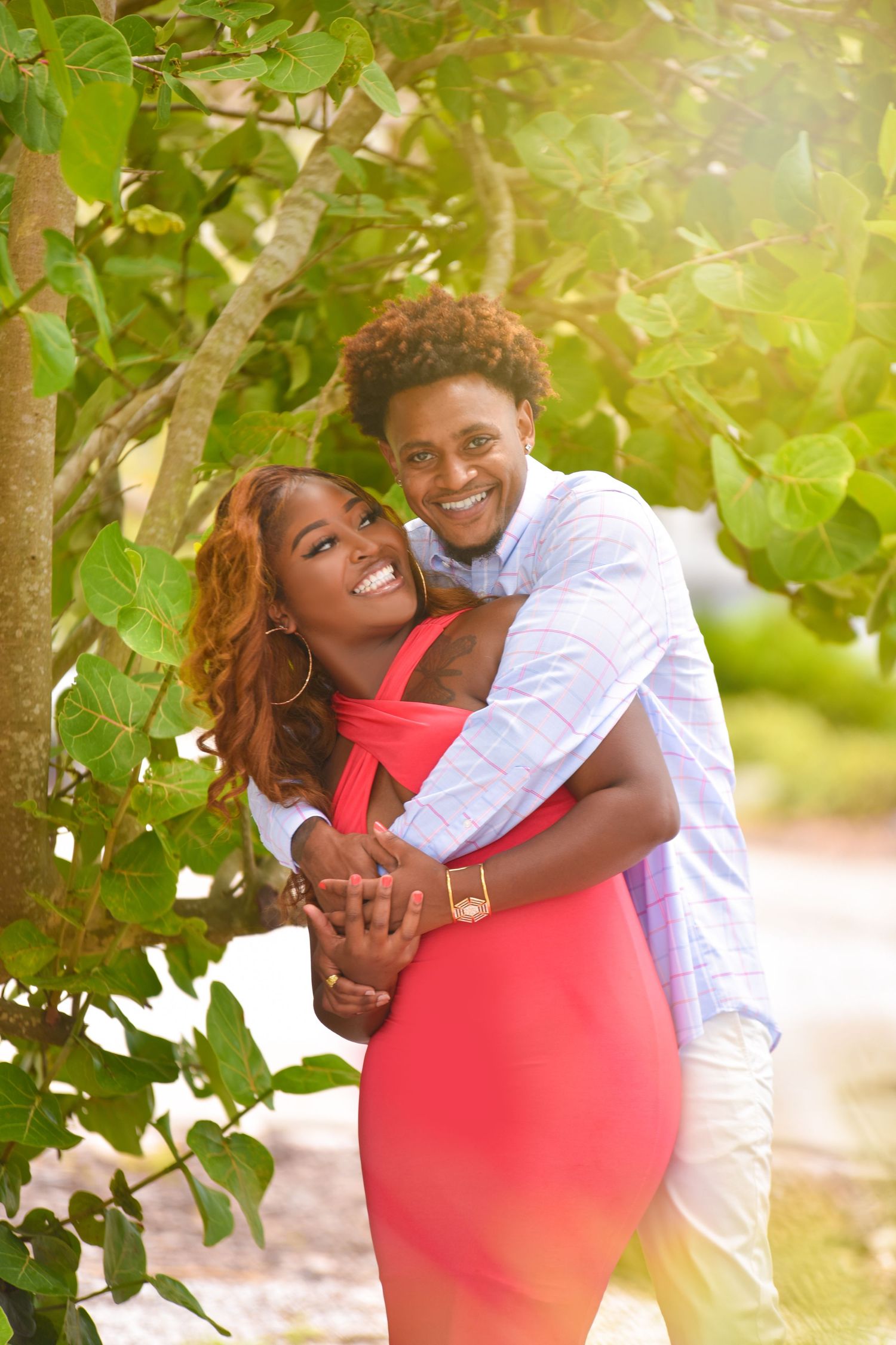 Sunlit engagement photos under green foliage with warm golden lighting.