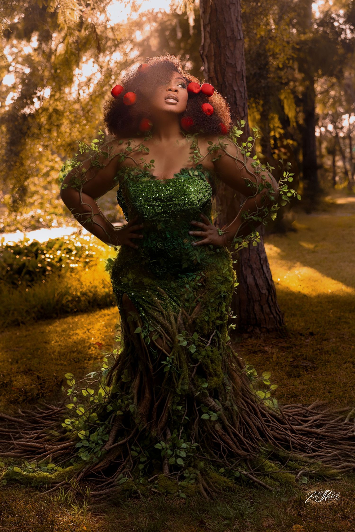 Fantasy-inspired portrait with moss and nature elements in golden forest setting. in Saint Petersburg Florida.