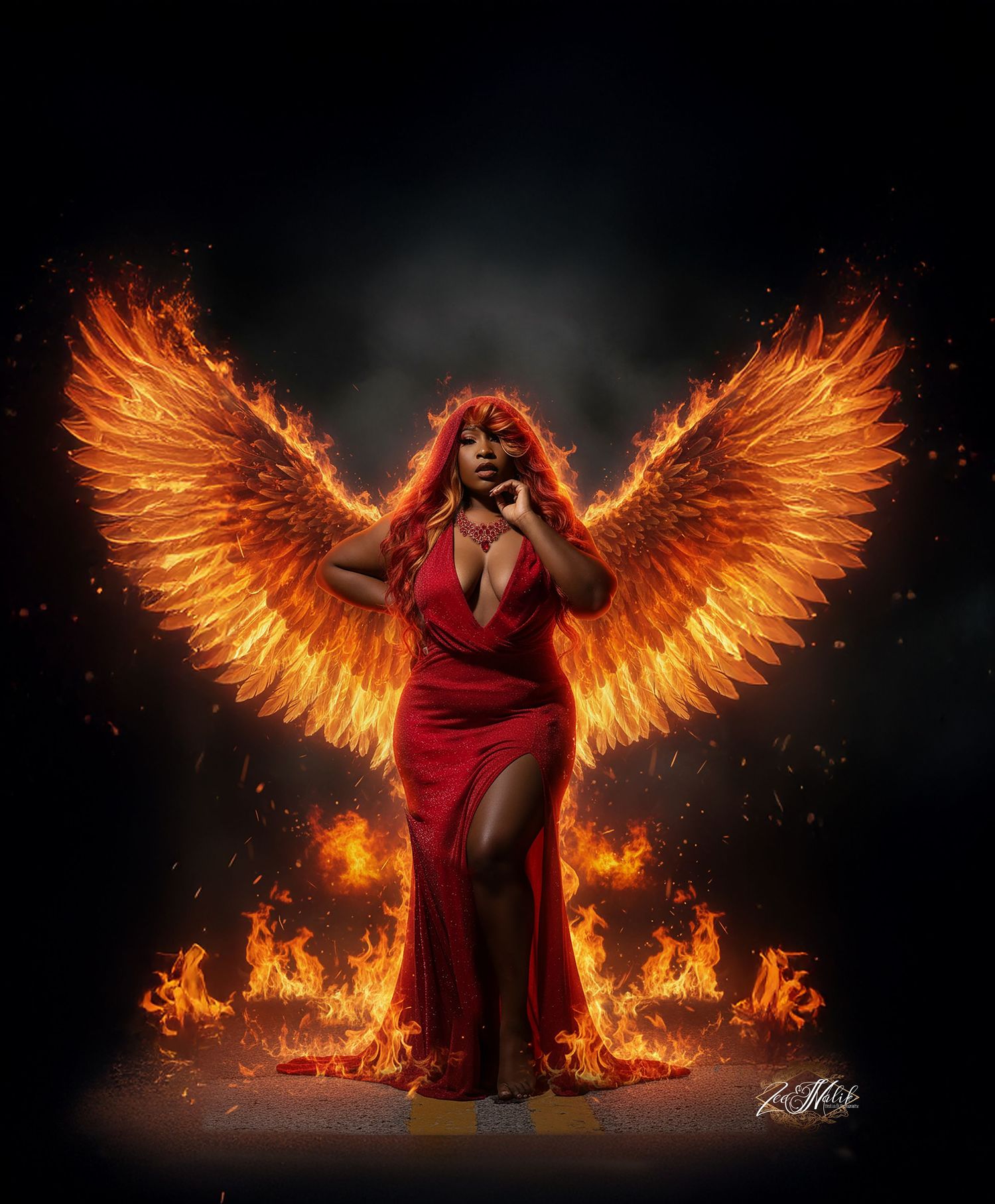 Dramatic phoenix-inspired photo with glowing orange wings and flames. In Tampa Florida.