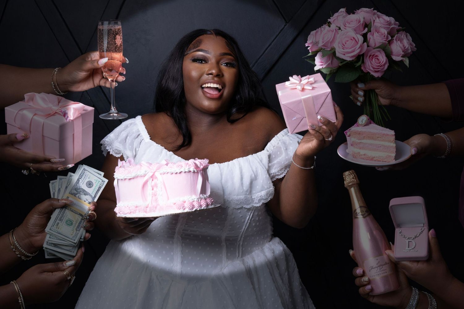 Woman in white dress celebrating birthday surrounded by pink gifts, roses, champagne, cake, and cash.