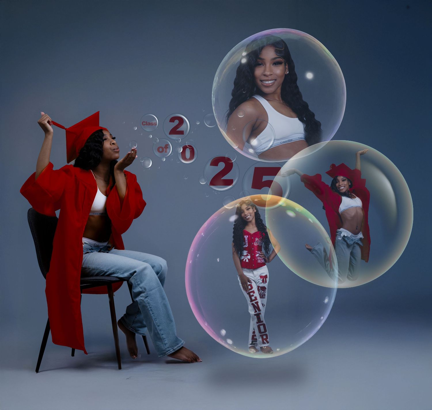 Artistic photo series featuring floating bubble frames and red clothing on dark backdrop in Tampa Florida.