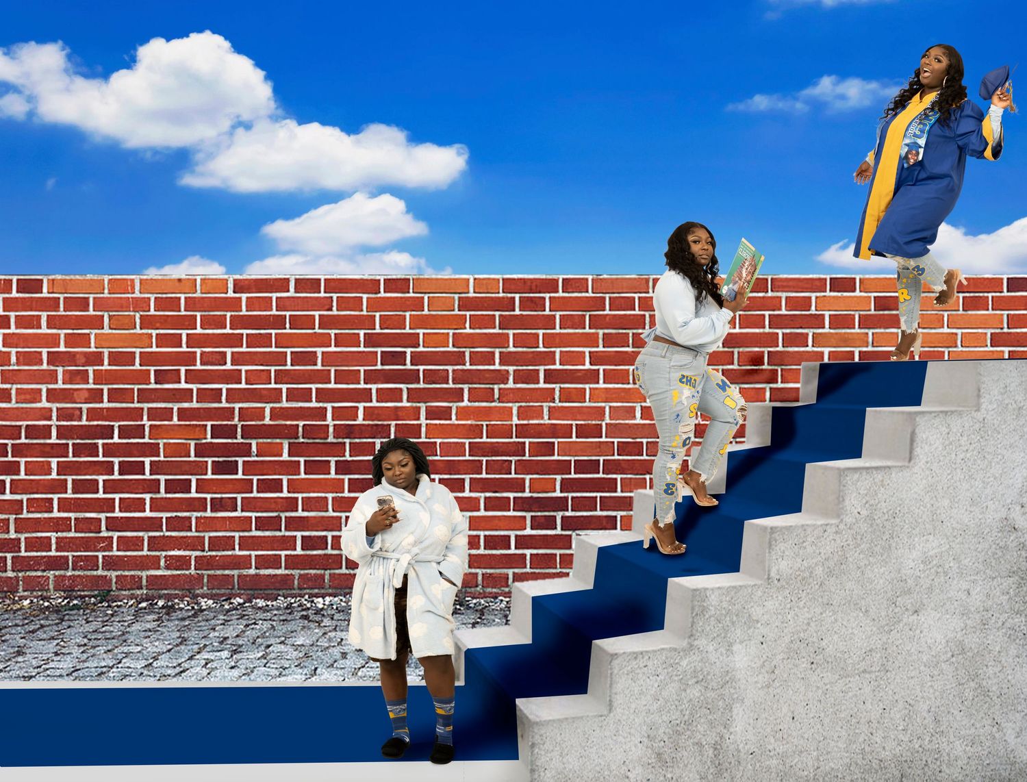 Alter ego photoshoot showing someone descending concrete steps against a brick wall backdrop in bright sunlight. In Tampa Florida.