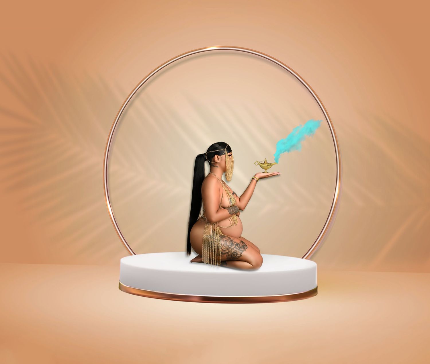 Artistic poses captured within a silver circular arch against peachy background. in Saint Petersburg Florida.