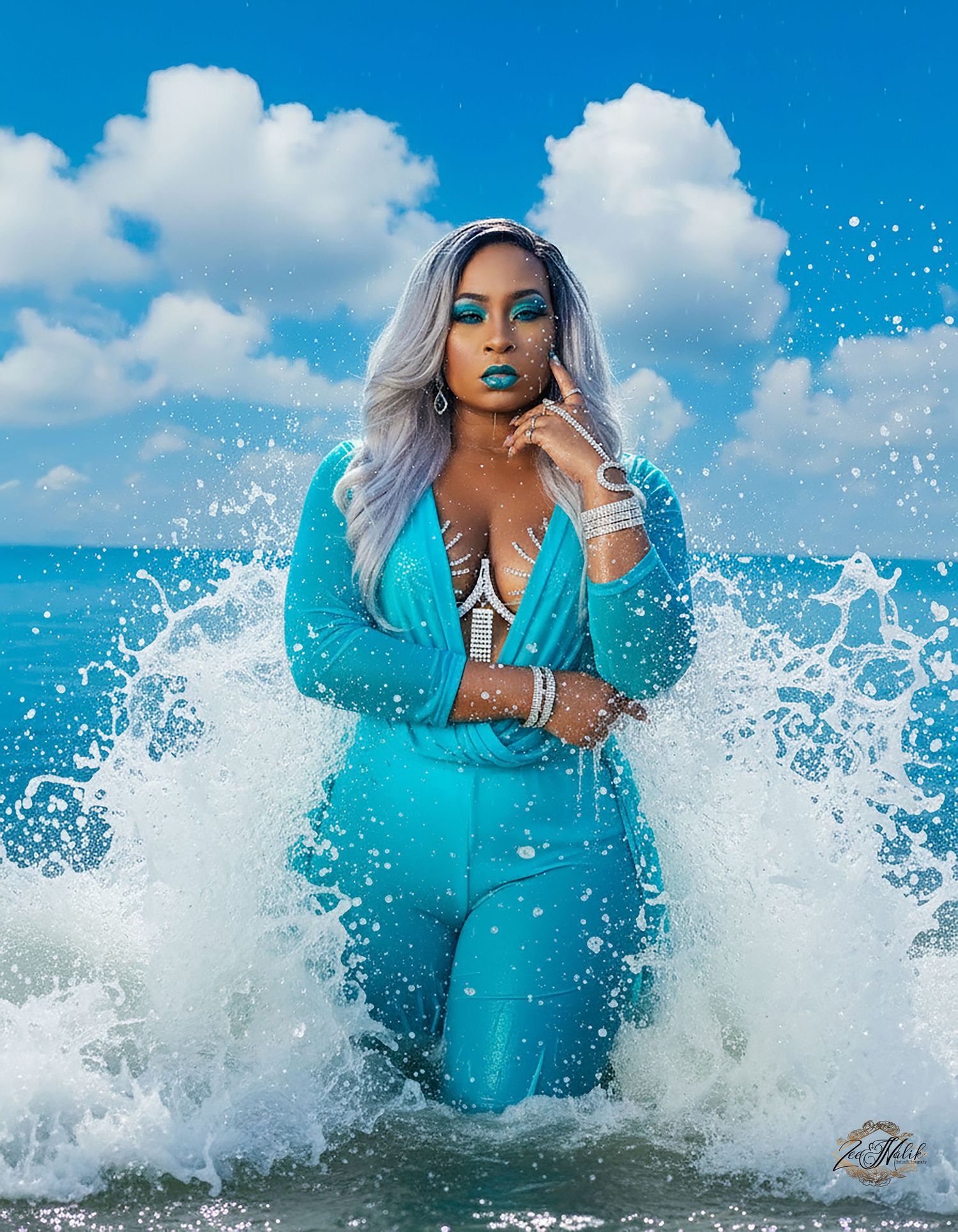 Model in turquoise dress poses dramatically with ocean waves crashing behind. In Tampa Florida.