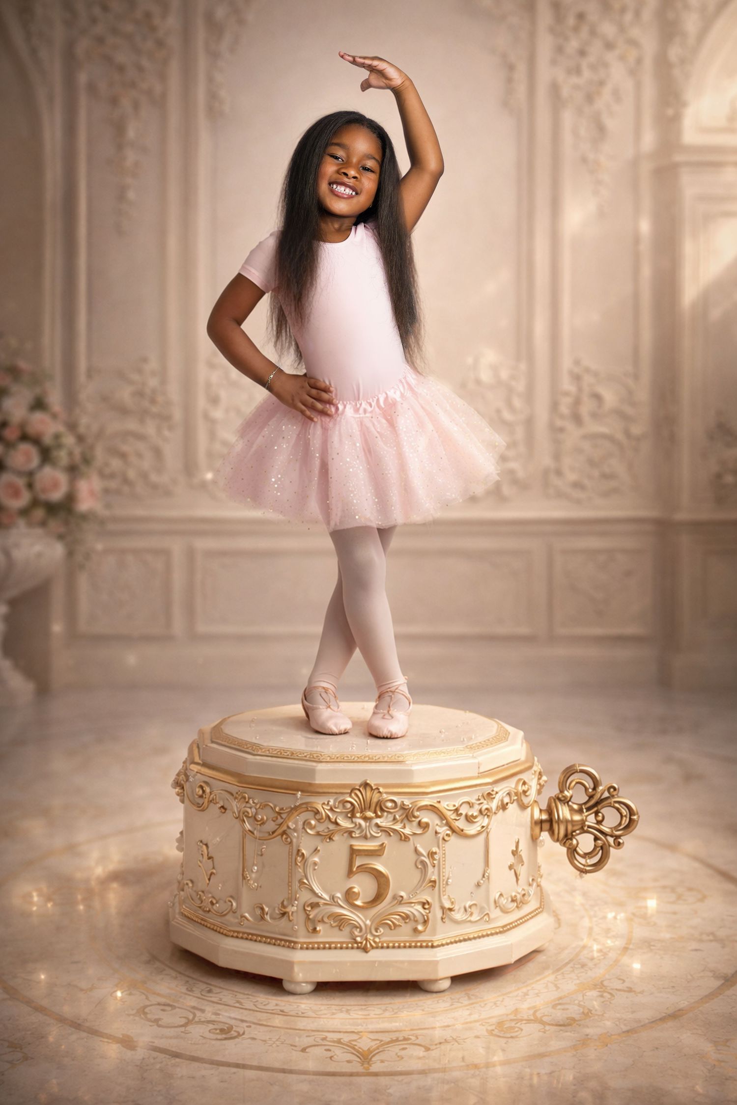 Young ballerina in pink tutu poses gracefully on decorative vintage music box platform.
