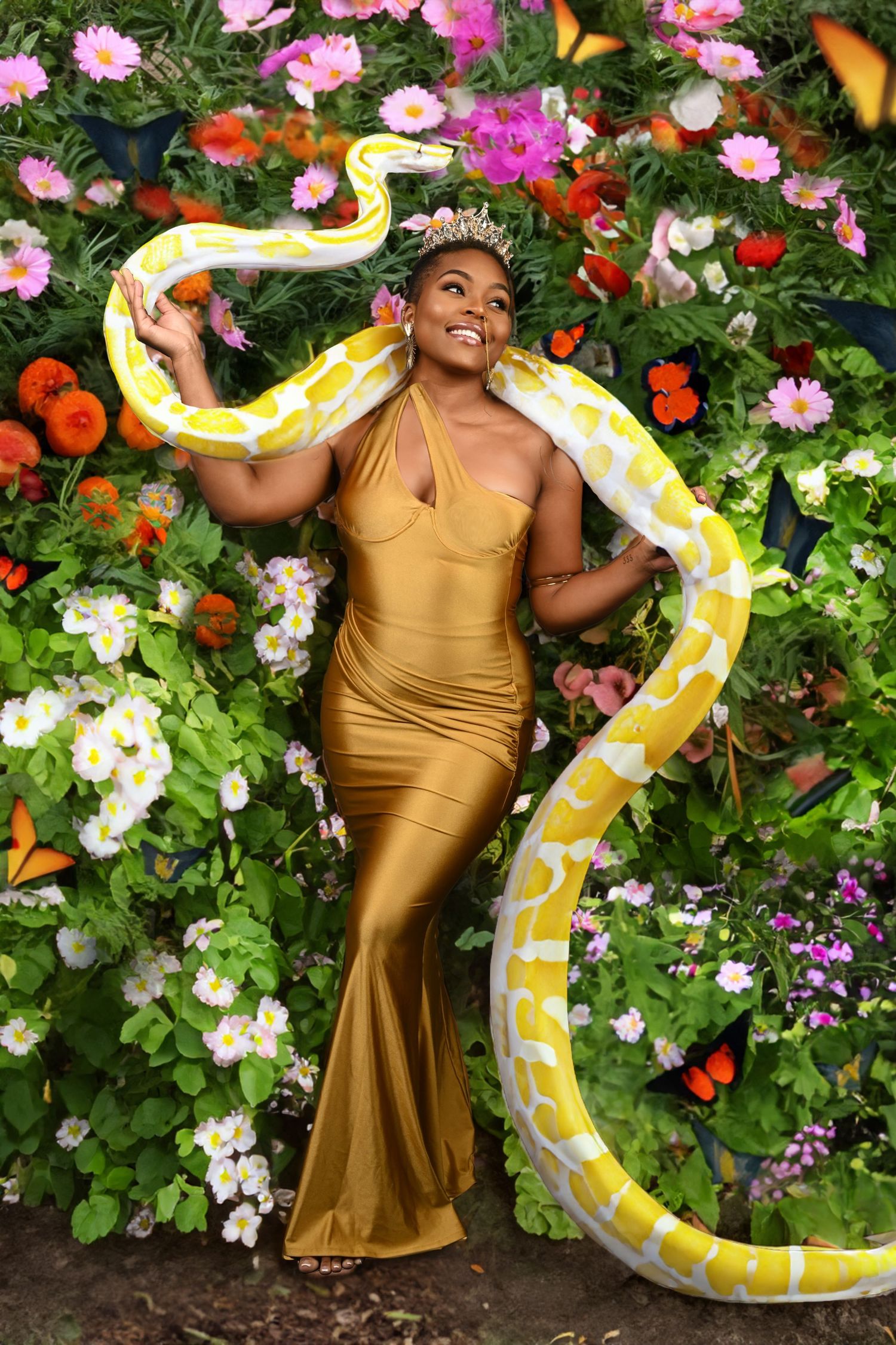 Dramatic fashion shoot in a garden setting with a large yellow and white snake prop. In Tampa Florida.