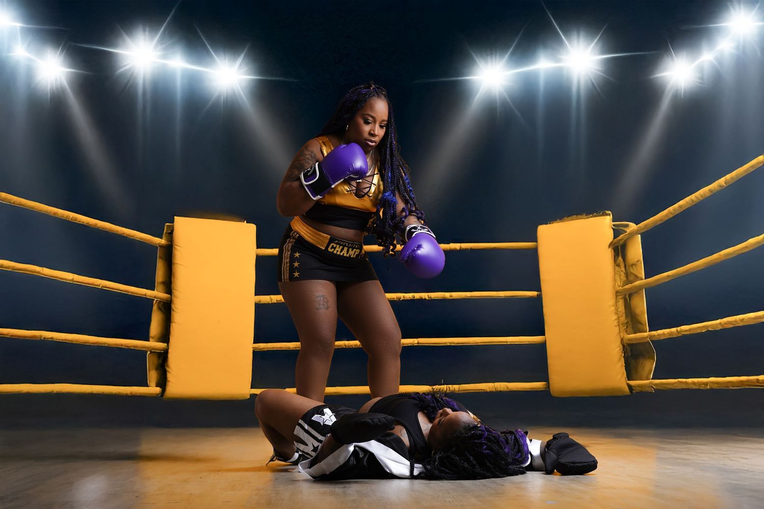 Boxing ring setup with dramatic spotlights illuminating the ropes and canvas.