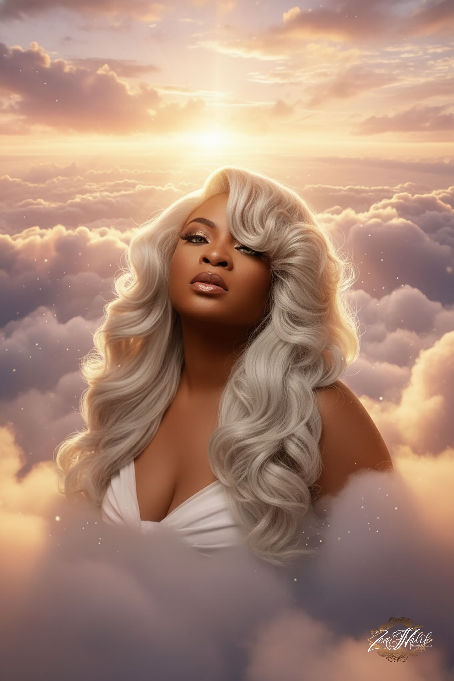 Ethereal portrait against sunset clouds with platinum blonde hair styling. in Saint Petersburg Florida.
