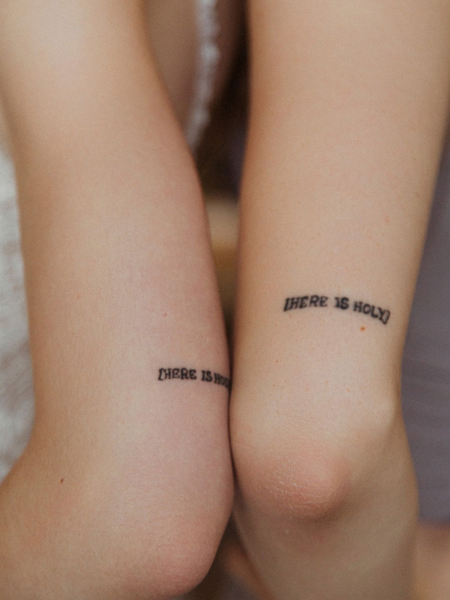 Close-up series showing a small tattoo on someone's arm that reads 'there is hope' in delicate text.
