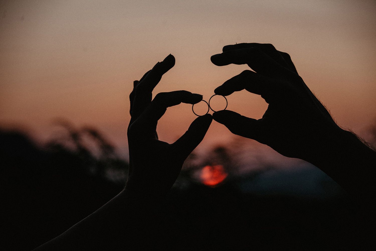 Silhouetted hands making shadow puppet shapes against a dramatic sunset sky.