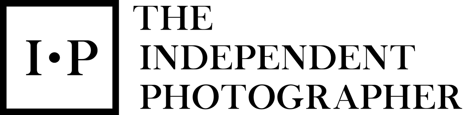 A black and white logo design for The Independent Photographer featuring clean text and a minimalist square emblem.