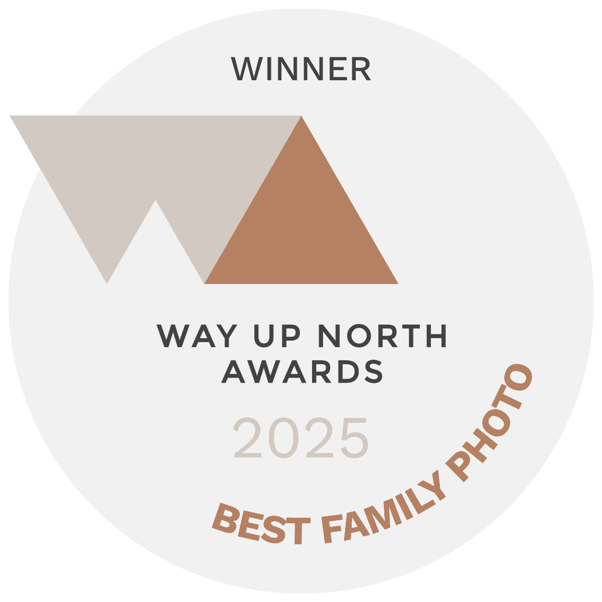 Winner badge for Way Up North Awards 2025 Best Family Photo category with mountain logo design.