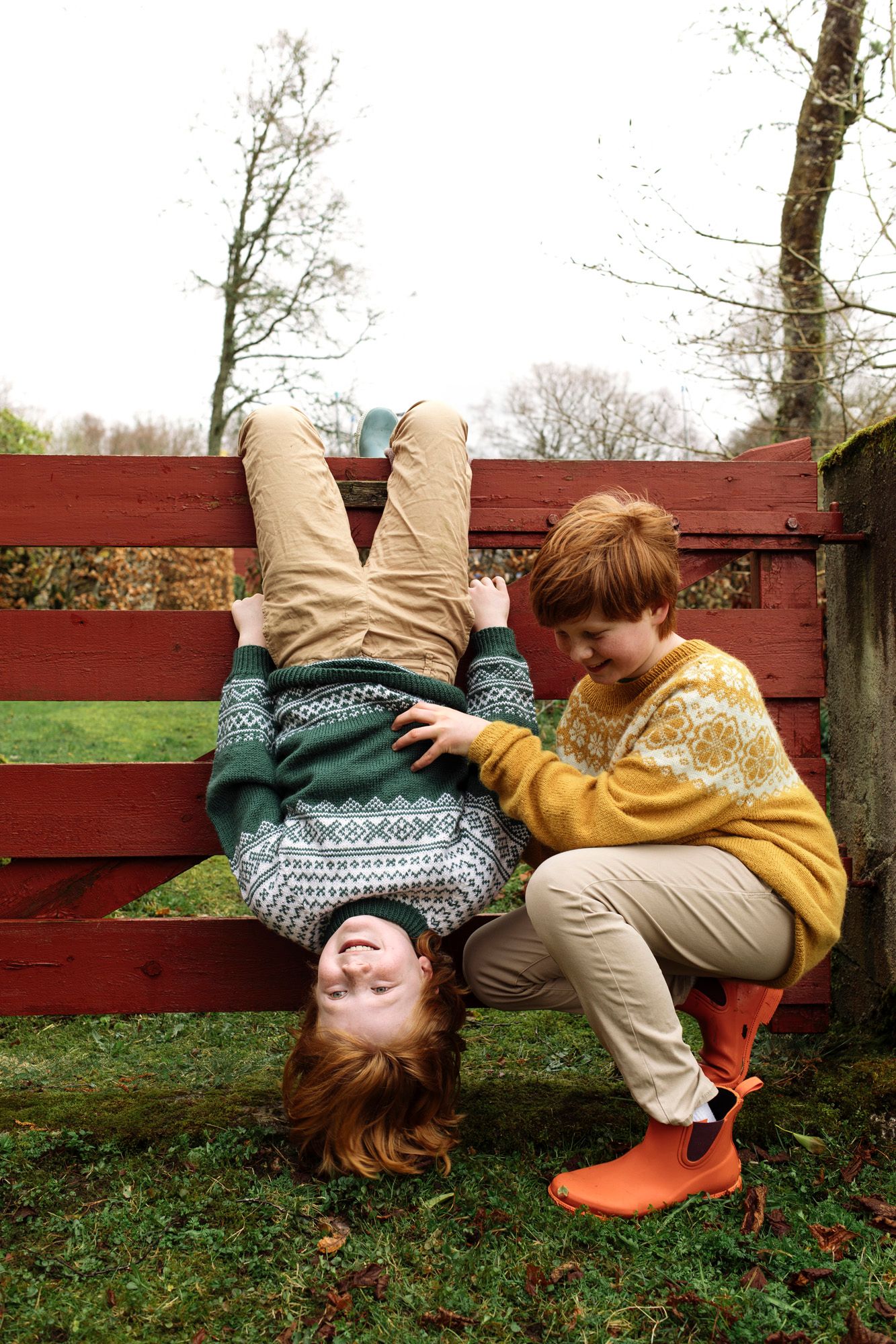 Playful scene with yellow sweater and upside down pose on red wooden fence.