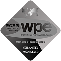 A WPE International Photography Awards silver honor badge in grayscale.