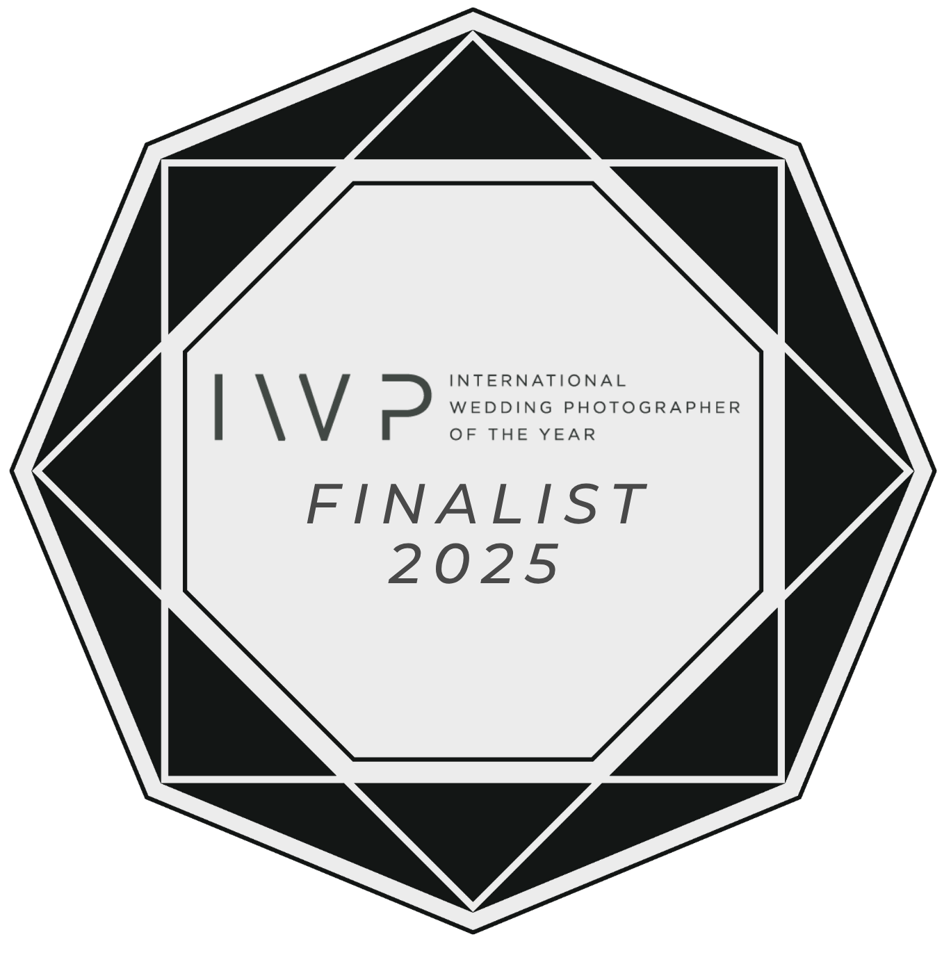 Black and white geometric logo badge for IIWP International Wedding Photographer Finalist 2025 award.