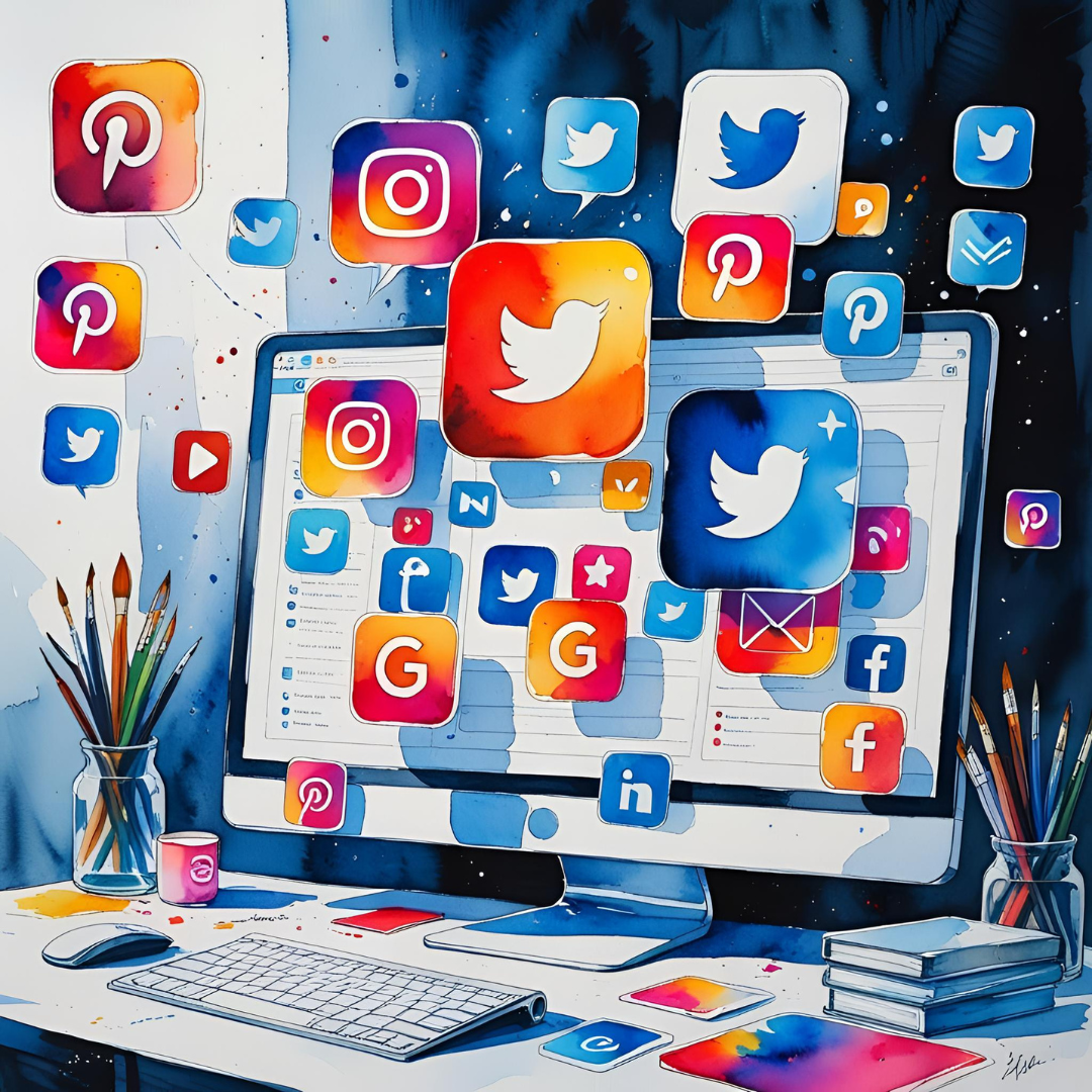 Social media app icons floating over office desk workspace with keyboard, mouse and stationery supplies.