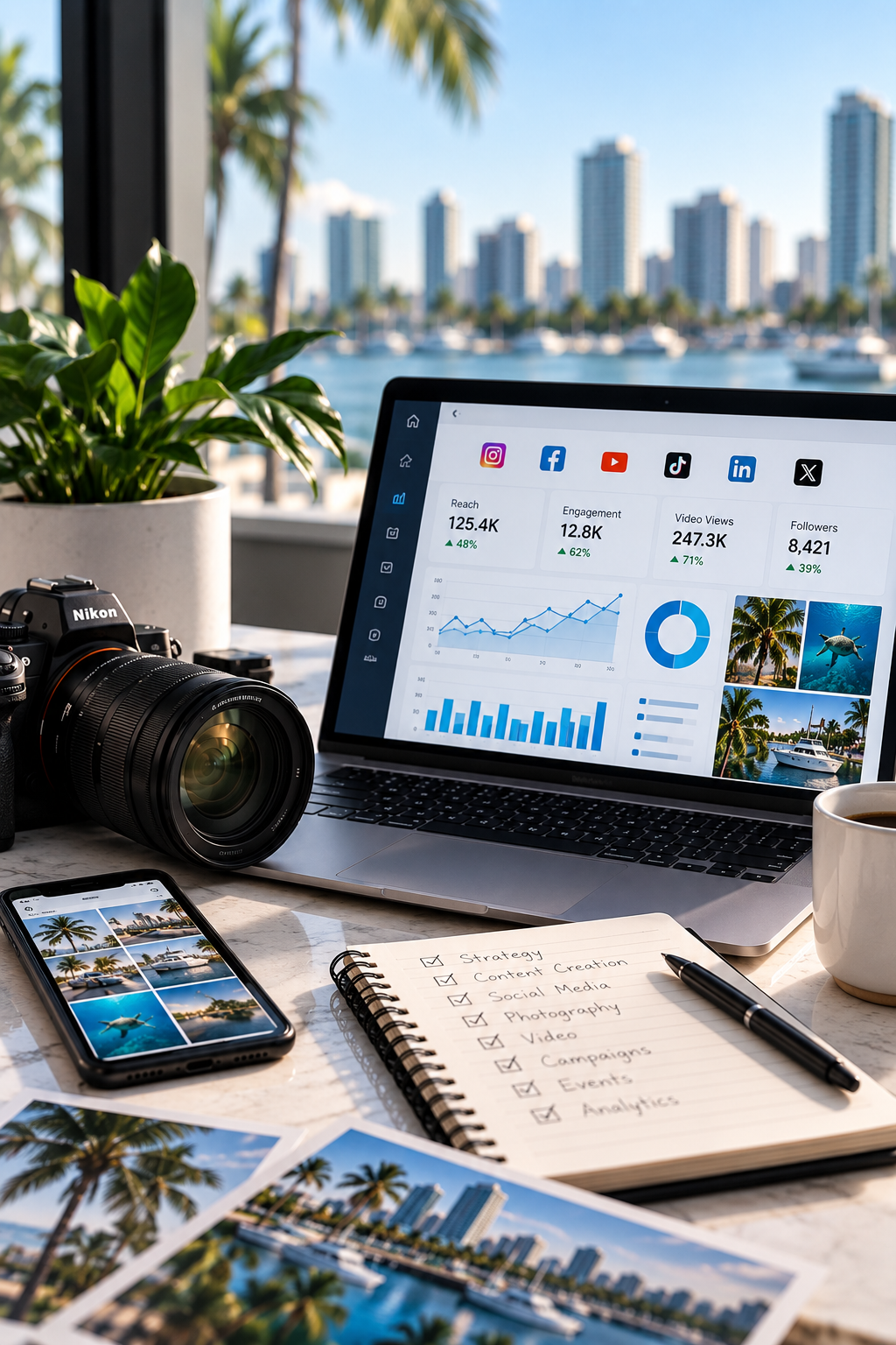 Social media analytics dashboard on laptop with camera, smartphone, and notebook at a modern waterfront workspace.