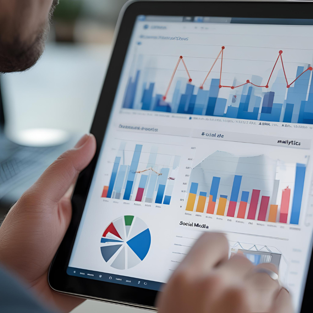 Business professional analyzing financial data charts and graphs on digital tablet showing social media performance metrics.