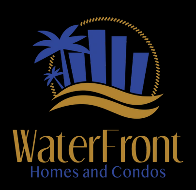 Elegant waterfront real estate logo with gold wave and blue city skyline silhouette.