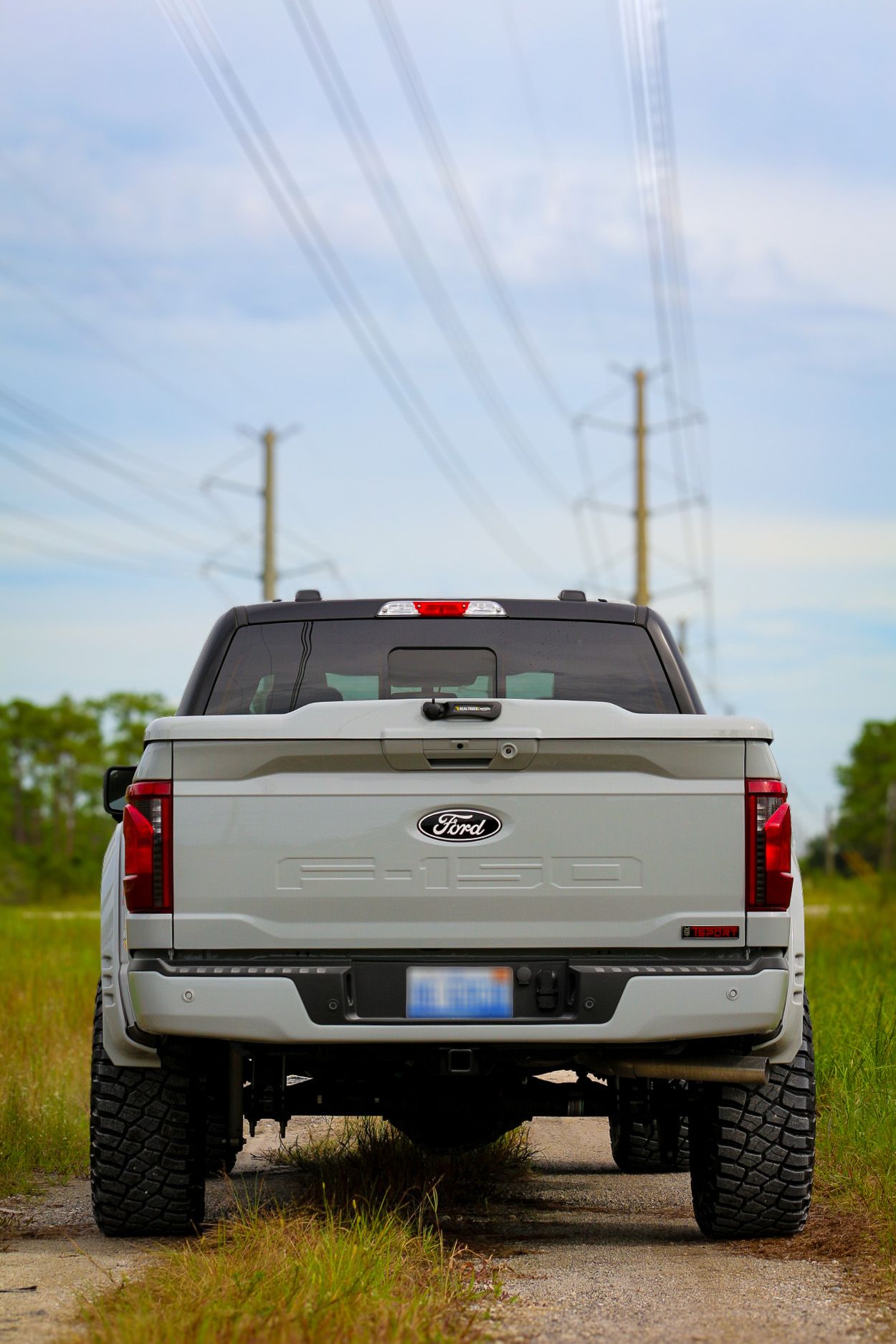 Rear view of a lifted white Ford F-150 truck parked on a dirt path with power lines and green fields in the background.