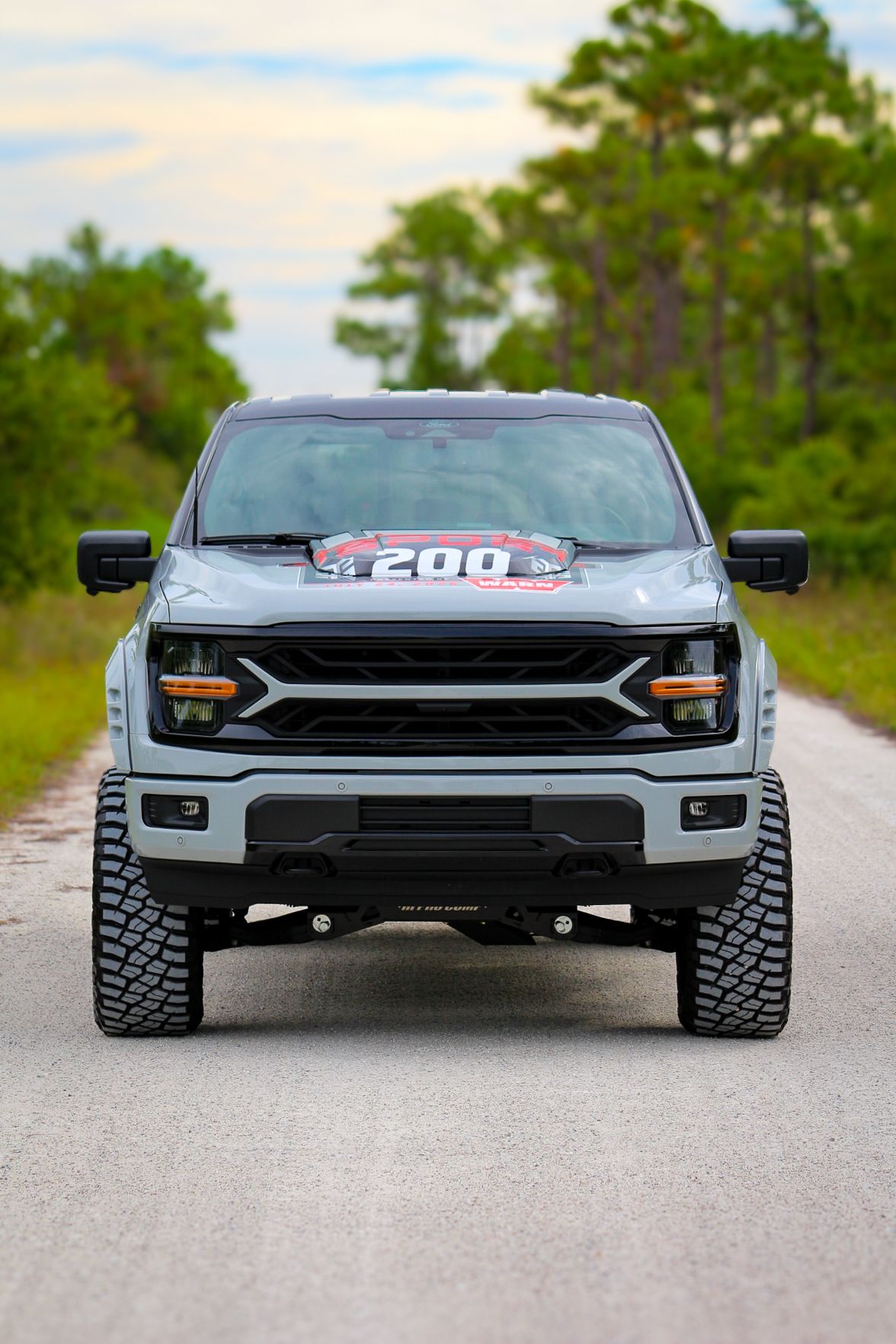Gray lifted Ford F-150 Raptor with number 200 decal parked on a rural road surrounded by pine trees.