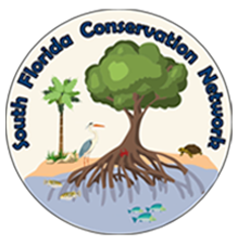 Circular logo showing a tree with roots, fish, and palm trees representing ecological conservation.