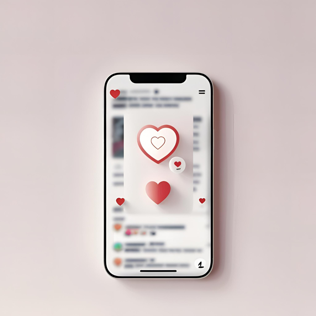 Smartphone displaying social media hearts and likes floating on a pink interface against a light pink background.