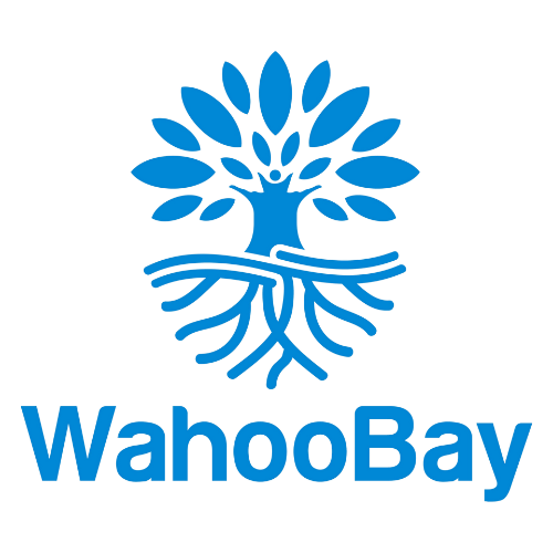 Blue abstract lotus flower logo variations for WahooBay brand identity design.