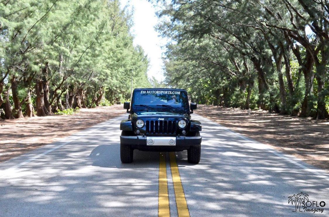 Black Jeep Wrangler parked on a tree-lined road with sunlit branches creating a natural tunnel overhead.