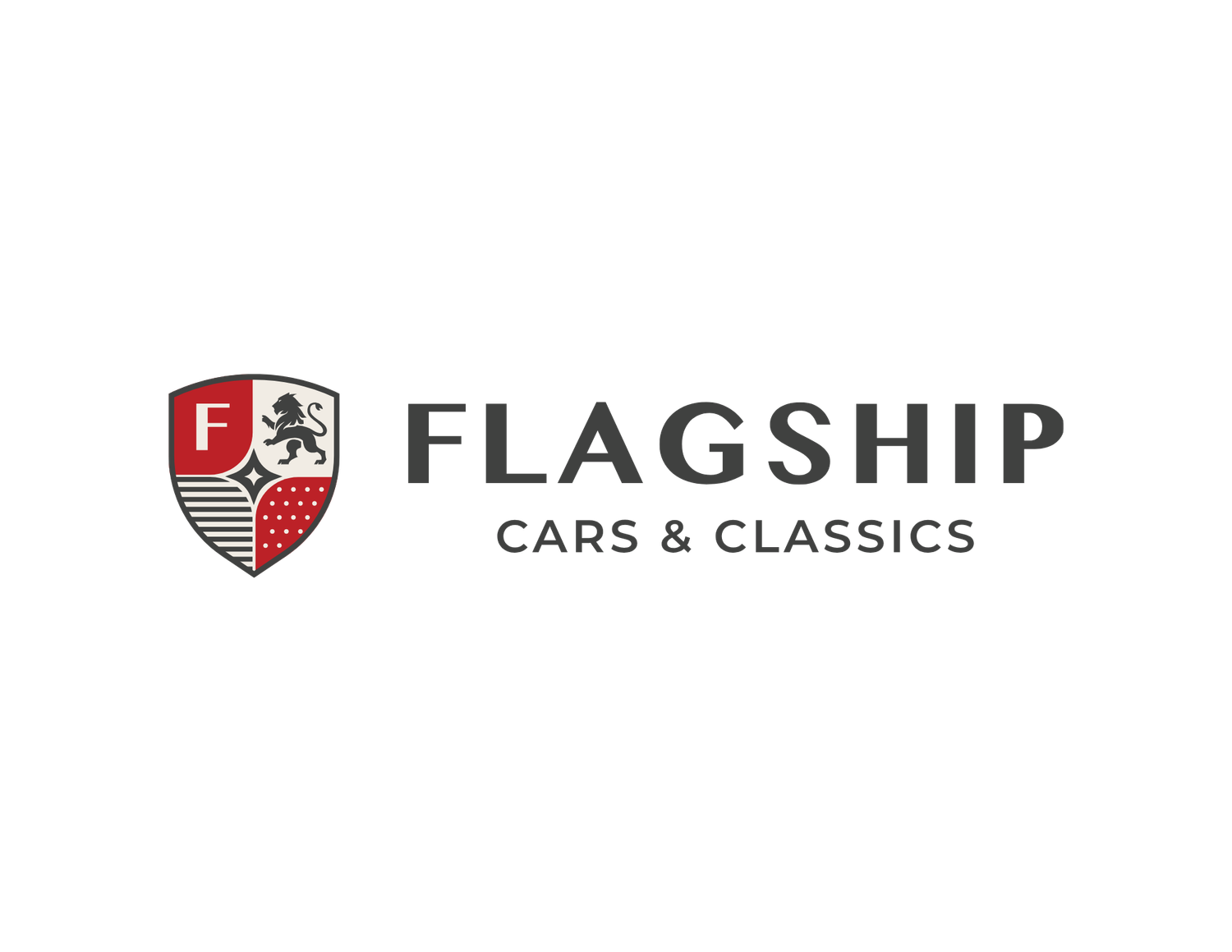 Flagship Cars & Classics logo featuring a red and gray heraldic shield with lion emblem and decorative typography.