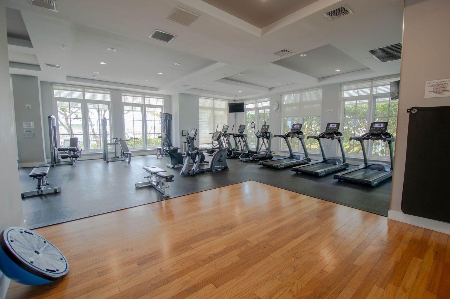 Well-equipped fitness center with treadmills and wood flooring in bright sunlit room.