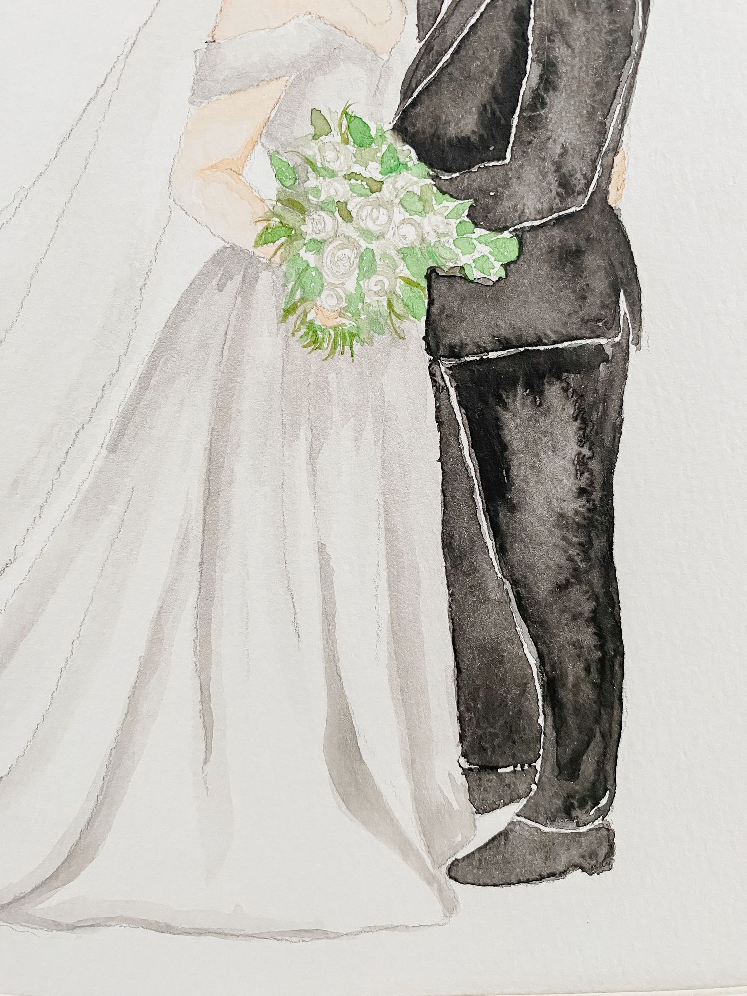 Watercolor illustration of a bride and groom's lower bodies in wedding attire with white dress and black suit.