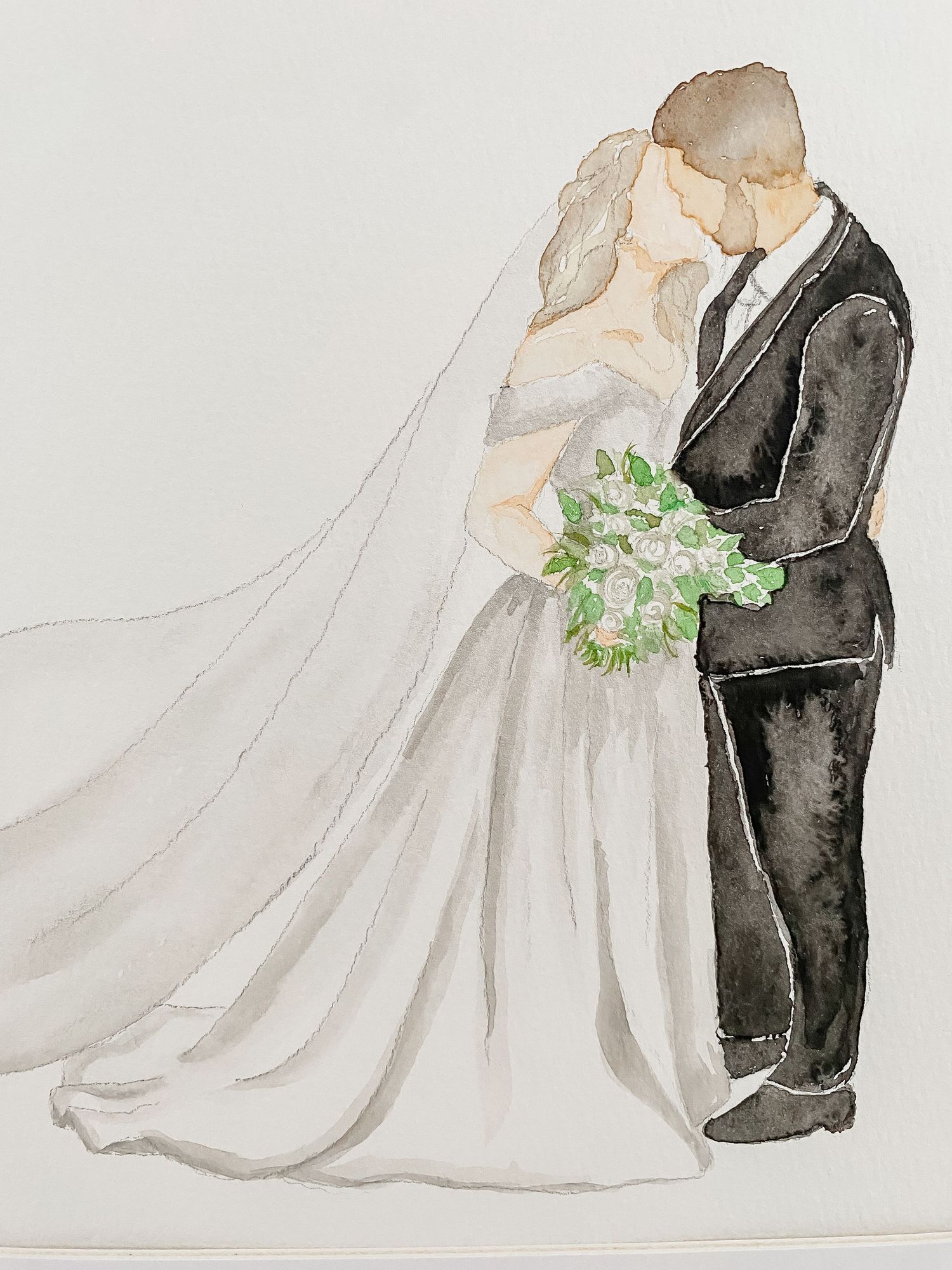 Watercolor illustration of a bride and groom in classic wedding attire with a white dress and black suit.